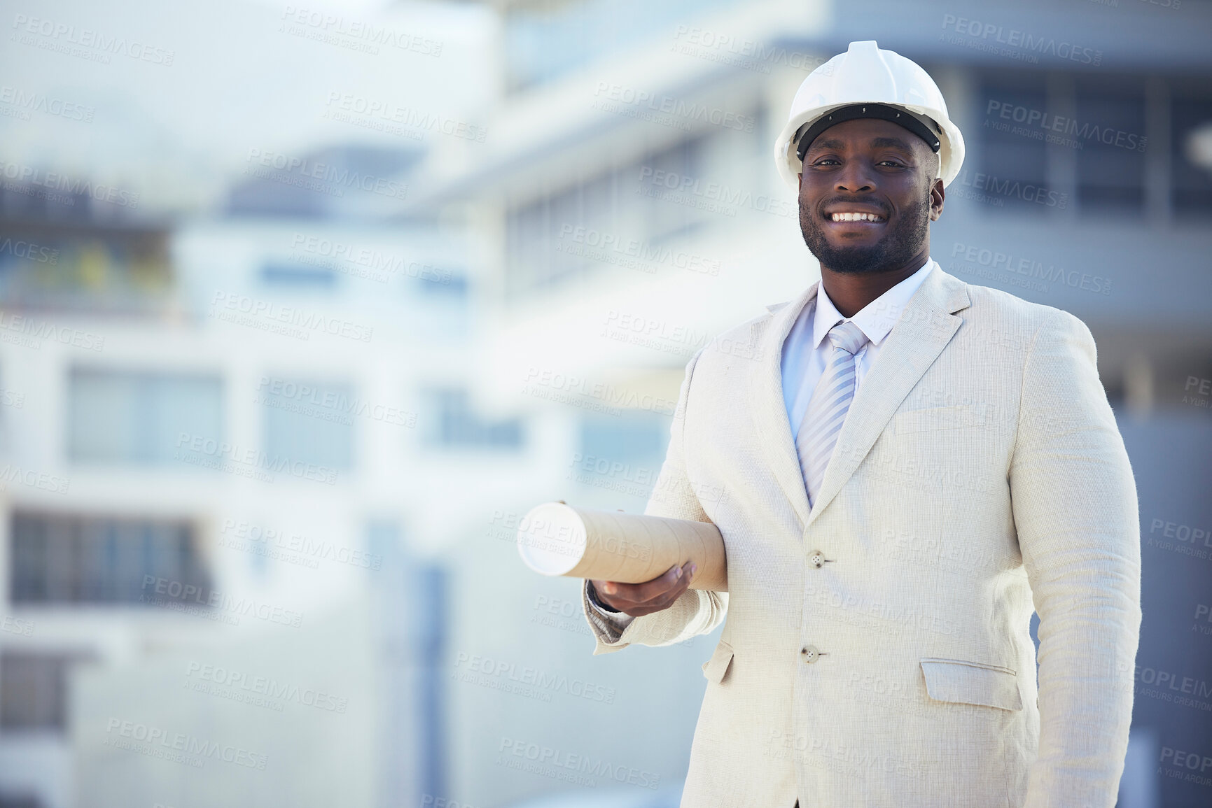 Buy stock photo Black man, architect and portrait smile with blueprint for construction, planning or building strategy in the city. African American male contractor smiling with floor plan for architecture on mockup