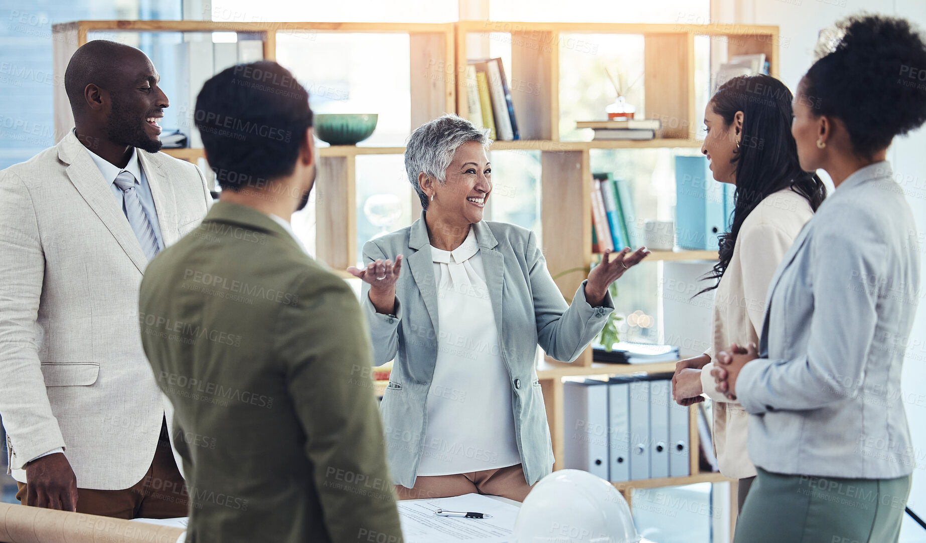 Buy stock photo Senior woman leader, architect meeting and planning with vision, strategy or collaboration in office with smile. Team, engineer and manager with mission, teamwork or leadership for architecture group