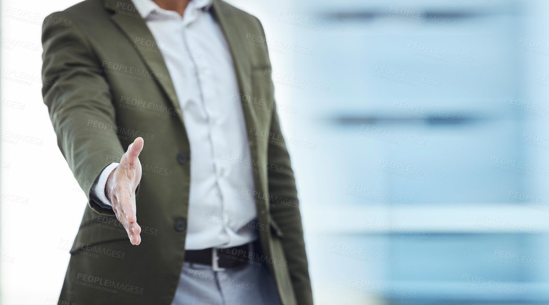 Buy stock photo Welcome, opportunity or manager with a handshake in a job interview in an office building or workplace. Partnership, collaboration or successful businessman shaking hands for contract or agreement