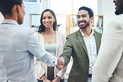 Buy stock photo Handshake, business people and b2b consulting success with office management group. Happiness, success and teamwork of corporate leadership shaking hands for contract and thank you hand gesture