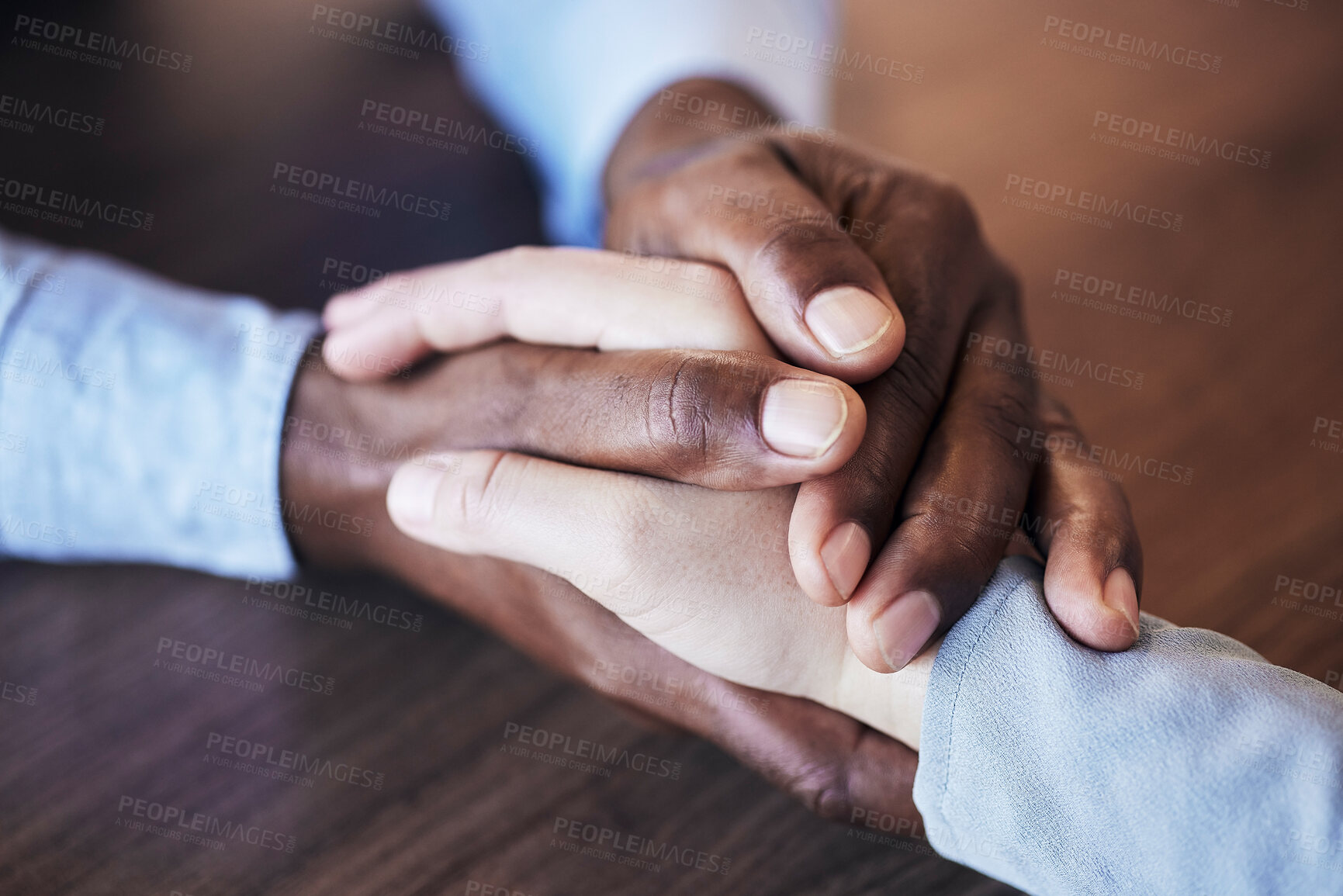 Buy stock photo Holding hands, support and friends with faith, community and solidarity together. Love, partnership and gratitude of people with faith, hope and worship hand gesture for sympathy, kindness and peace