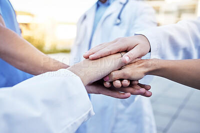 Buy stock photo Healthcare, solidarity and hands of doctors for support, partnership and medical success. Teamwork, trust and team of employees in medicine with a gesture for motivation, commitment and goal