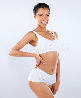 Buy stock photo Health, smile and body care, portrait of woman in underwear with healthy diet and exercise in studio. Fitness, nutrition and skincare, wellness and model with slim figure isolated on grey background.