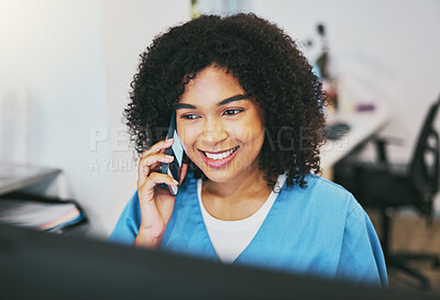 Buy stock photo Phone call, happy and woman nurse in the hospital working on a computer for medical reports. Healthcare, technology and professional African female doctor on a mobile conversation in medicare clinic.