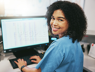 Buy stock photo Portrait, nurse and receptionist at hospital on a computer working at her desk or table in an office as a black woman. Medical, healthcare professional or worker smile, happy and excited at work