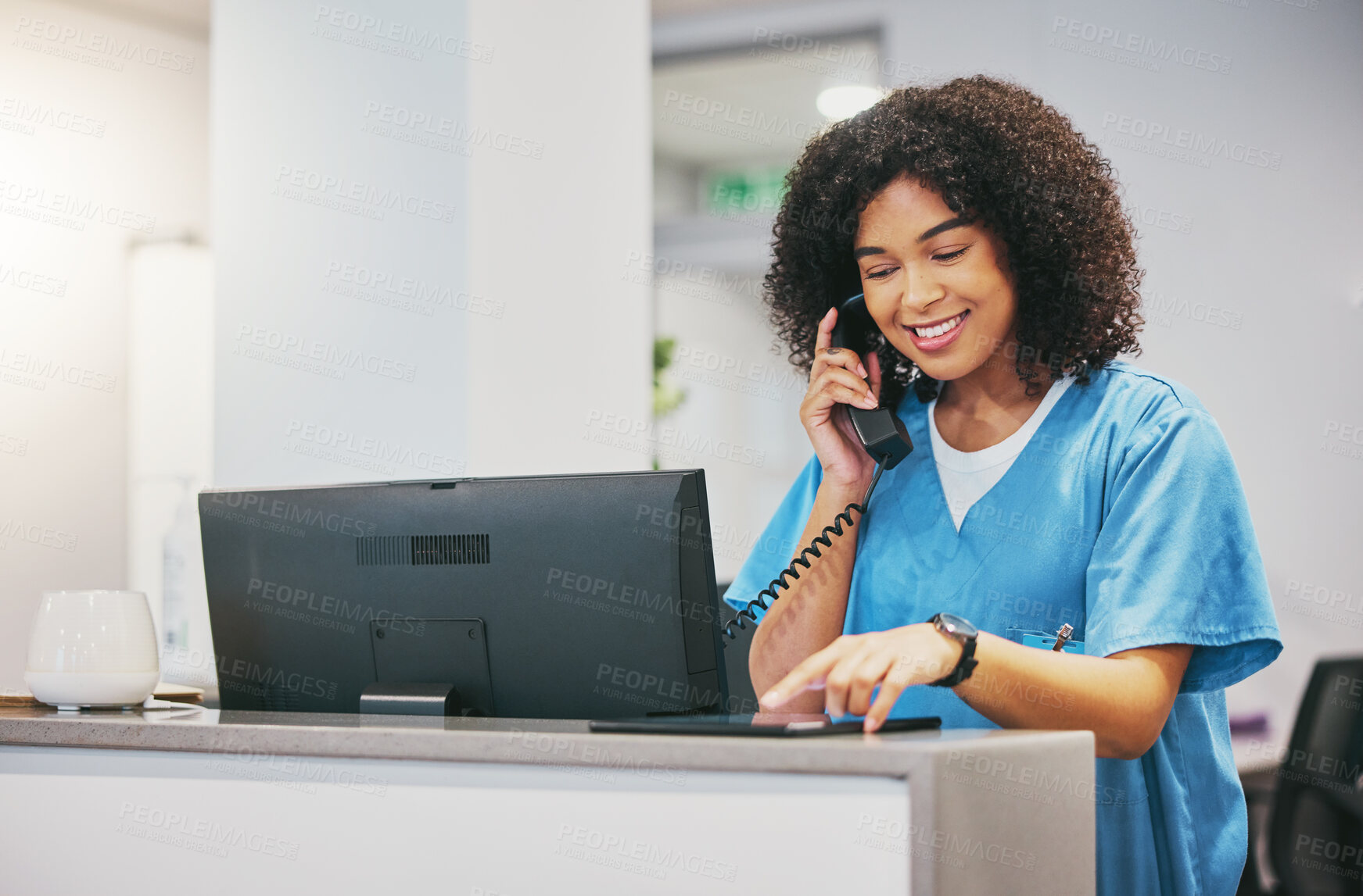 Buy stock photo Nurse, phone call and tablet of black woman at hospital with a smile. Clinic doctor, healthcare worker and networking of a young person happy about work conversation and health insurance talk