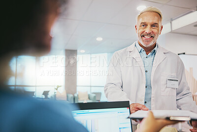 Buy stock photo Nurse, doctor and man at reception with clipboard for health results or information. Healthcare, receptionist and happy senior medical professional with documents, paperwork or  wellness checklist.