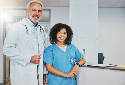 Buy stock photo Health team, doctor and nurse with portrait, medical professional and collaboration with diversity and smile in clinic. Healthcare, senior man and black woman with medicine, partnership and happy