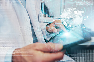 Buy stock photo World graphic, doctor hands and global healthcare hologram on phone for telehealth. Globe overlay, futuristic hospital data and cyber medical analytics of a wellness and health employee with research