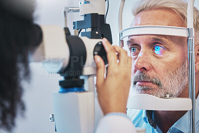 Buy stock photo Ophthalmology, medical and eye exam with old man and consulting for vision, healthcare and glaucoma check. Laser, light and innovation with face of patient and machine for scanning and optometry 
