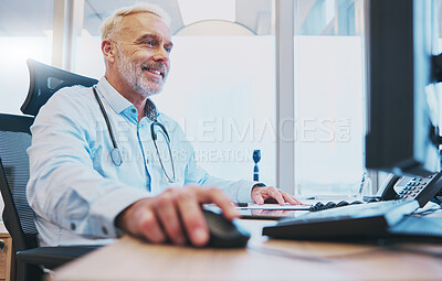 Buy stock photo Healthcare, computer and research with a man doctor working in his office at the hospital for diagnosis. Medical, insurance and prescription with a male medicine professional at work in a clinic