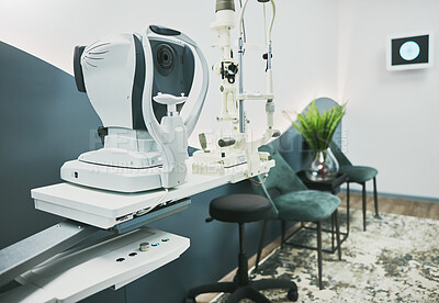 Buy stock photo Machine, ophthalmology and laser in empty room of clinic for eye exam, laser and consulting. Healthcare, technology and interior with nobody in medical office for optometry, medicine and appointment