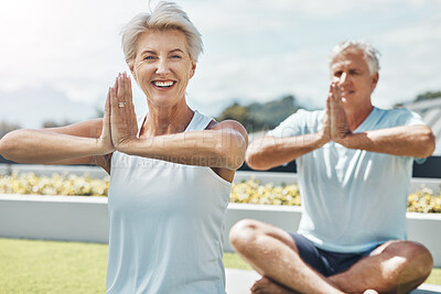 Buy stock photo Senior couple, yoga and smile in meditation by the countryside for healthy spiritual wellness in nature. Happy elderly woman and man meditating in happiness for calm peaceful exercise in the outdoors