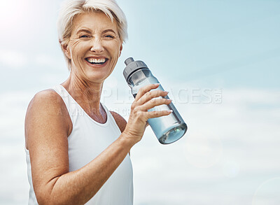Buy stock photo Senior woman, fitness and water bottle with smile for hydration or thirst after workout, exercise or training in nature. Portrait of happy elderly female smiling for natural refreshment on mockup