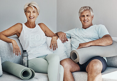 Buy stock photo Fitness, yoga and portrait of senior couple on sofa smile ready for wellness, healthy body and workout. Sports, retirement and happy elderly people with gym mat for exercise, training and pilates