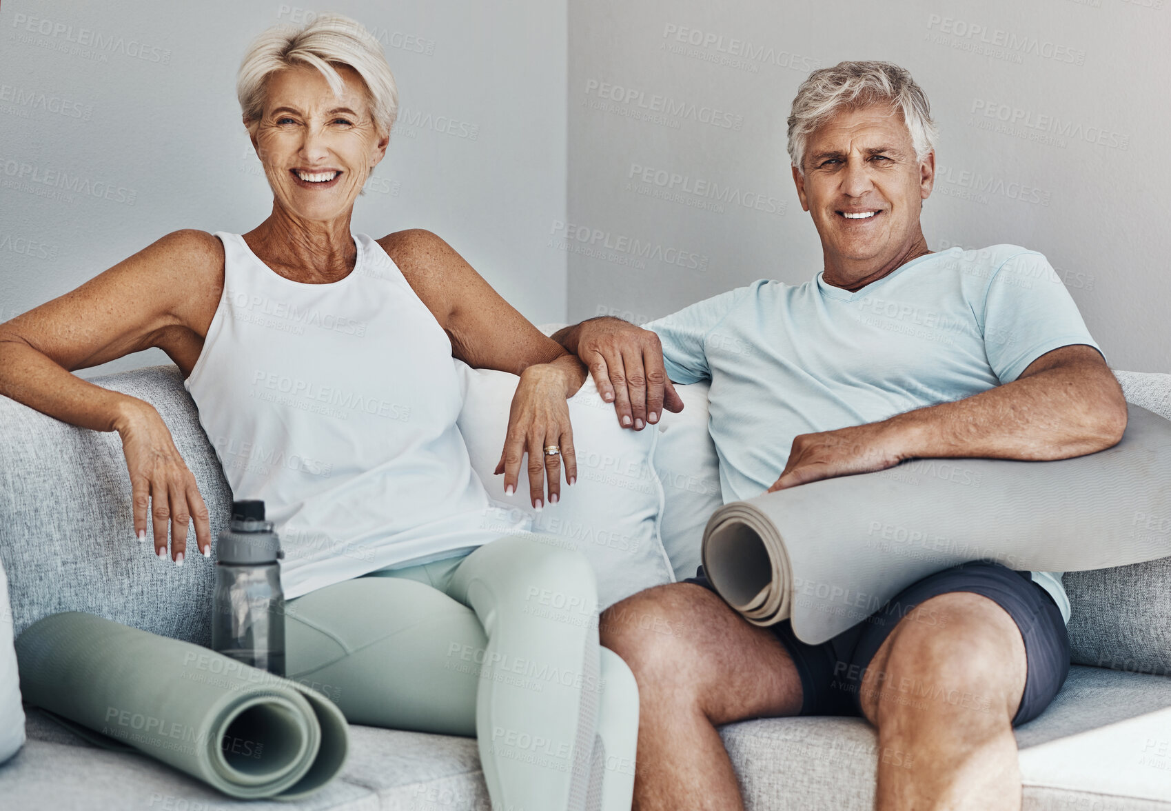 Buy stock photo Fitness, yoga and portrait of senior couple on sofa smile ready for wellness, healthy body and workout. Sports, retirement and happy elderly people with gym mat for exercise, training and pilates