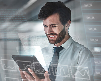 Buy stock photo Research, tablet data overlay and graph of business man with fintech graphic in office. Futuristic, machine learning and  stock market growth hologram with a businessman working on future investment 
