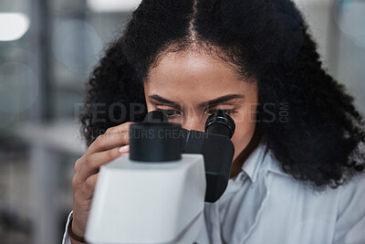 Buy stock photo Science, microscope and research with a doctor black woman at work in a lab for innovation or development. Medical, analysis and sample with a female scientist working in a laboratory on breakthrough