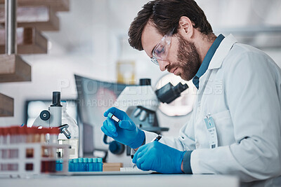 Buy stock photo Scientist, writing or notebook for laboratory test tube, blood research or medical dna engineering. Thinking, man or science worker with paper, checklist or pharma analytics results for vaccine study