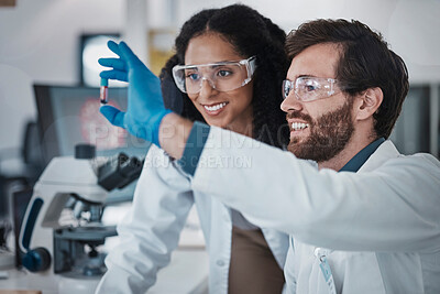 Buy stock photo Teamwork, collaboration or blood test tube in laboratory research success, dna engineering innovation or medical vaccine. Smile, happy man or black woman with scientist sample for pharmacy medicine