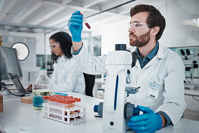 Buy stock photo Thinking, scientist or laboratory microscope of blood sample, test tube research or medical vaccine study. Black woman, man or teamwork in healthcare science, dna engineering or pharmacy innovation