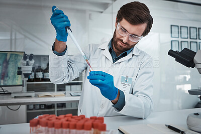 Buy stock photo Science, DNA blood and man scientist for vaccine research test, analysis or investigation in laboratory. Healthcare worker, medical professional or biotechnology expert with sample test tube for data