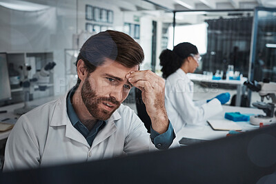 Buy stock photo Stress, tired or scientist with headache or burnout in a laboratory suffering from migraine pain or overworked. Exhausted, frustrated or sick man working on science research with fatigue or tension