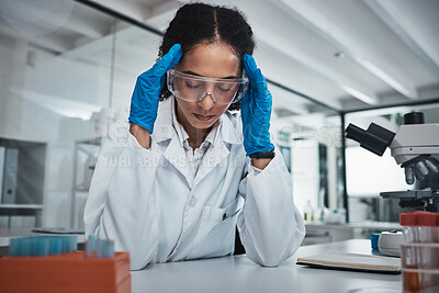 Buy stock photo Stress, woman or scientist with headache in a laboratory suffering from burnout, migraine pain or overworked. Exhausted, frustrated or tired worker working on science research with fatigue or tension
