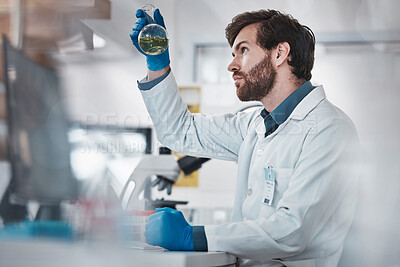 Buy stock photo Research, man or scientist in laboratory with chemical liquid for science chemistry or scientific testing. Physics analysis, healthcare or medical doctor with acid solution for medicine development