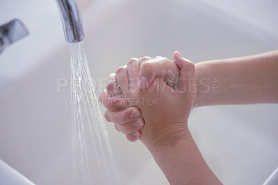Buy stock photo Hygiene, above and person washing hands with water for health, disinfection and virus protection. Soap, healthy and liquid from a basin to wash, clean and prevent disease on fingers of a human
