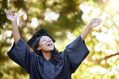 Buy stock photo Black woman, graduate outdoor and excited for achievement, education and knowledge. African American female, girl and academic in gown, happiness and joyful for higher education or graduation outside