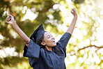 College graduation, celebration and black woman with hands to celebrate achievement and freedom. University graduate happy about future goals, success and education for motivation and learning