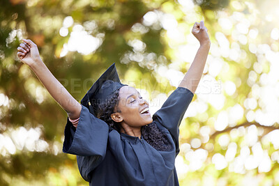 Buy stock photo College graduation, celebration and black woman with hands to celebrate achievement and freedom. University graduate happy about future goals, success and education for motivation and learning