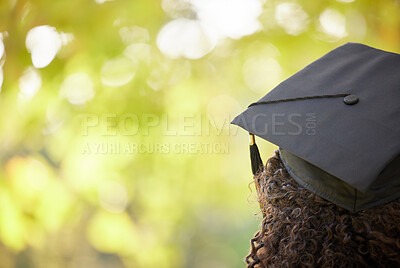 Buy stock photo Graduation cap, trees and back of woman outdoor for education achievement, success and goals with bokeh. Nature, mockup space and female university or college graduate planning future for motivation.