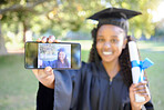 College graduation, certificate and black woman selfie with phone in hand to celebrate achievement. University student happy about goals, success and profile picture for motivation and education