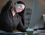 Woman with neck pain, working at night in office with computer and mental health of corporate business worker. Young overworked person at desk, backache from late workload and employee burnout
