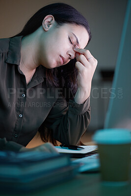 Buy stock photo Frustrated woman, working at night in office with computer and mental health of corporate business worker. Overworked person at desk, tired headache from late workload and employee burnout or stress