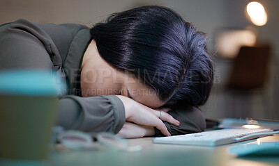 Buy stock photo Tired, sleeping woman at her computer at night for depression, burnout and mental health risk. Business person, worker or employee fatigue, low energy and depressed sleep on pc for project deadline