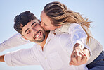 Hug, relax or couple love to kiss on holiday vacation or romantic honeymoon to celebrate marriage commitment. Travel, trust or woman bonding, kissing or hugging a happy partner in fun summer romance 
