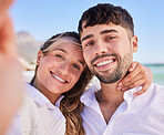 Selfie, couple and happy people on beach date on vacation and holiday trip together with love and happiness. Portrait, man and woman travel bonding with smile on adventure update social media