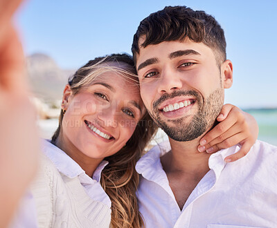 Buy stock photo Selfie, couple and happy people on beach date on vacation and holiday trip together with love and happiness. Portrait, man and woman travel bonding with smile on adventure update social media