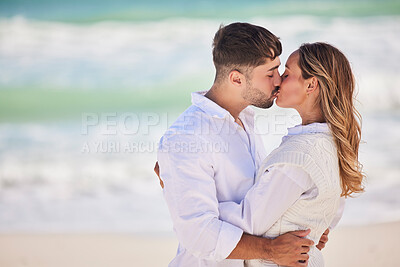 Buy stock photo Mockup, beach or couple love to kiss on holiday vacation or romantic honeymoon to celebrate marriage commitment. Travel, trust or woman bonding, kissing or hugging partner in summer romance at sea
