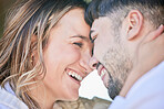 Love, forehead or happy couple on road trip in holiday vacation or romantic marriage commitment together. Embrace, trust or funny woman bonding or laughing with partner in summer romance in nature
