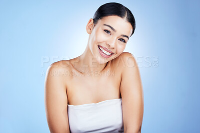 Buy stock photo Skincare, beauty and portrait of a woman with makeup and mockup in studio. Happy, cosmetics and facial wellness of a female with dermatology and happiness from self care and cosmetic treatment