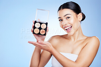 Buy stock photo Beauty, portrait of woman with makeup palette on blue background for cosmetics, powder and foundation. Skincare, advertising and face of girl with cosmetology product, facial glow and salon