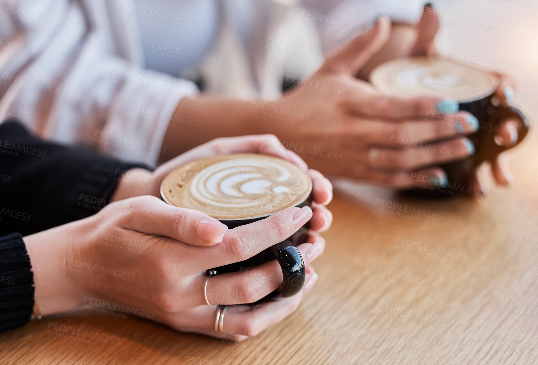 Buy stock photo Coffee, morning and hands of people with cups at a cafe for bonding, breakfast and conversation. Restaurant, relax and friends drinking a latte, warm beverage or drink from a mug at a diner together