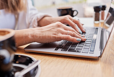 Buy stock photo Laptop, coffee shop and woman hands on keyboard typing for research, remote work and freelance career. Computer, business networking and worker in cafe working on internet, website and writing email