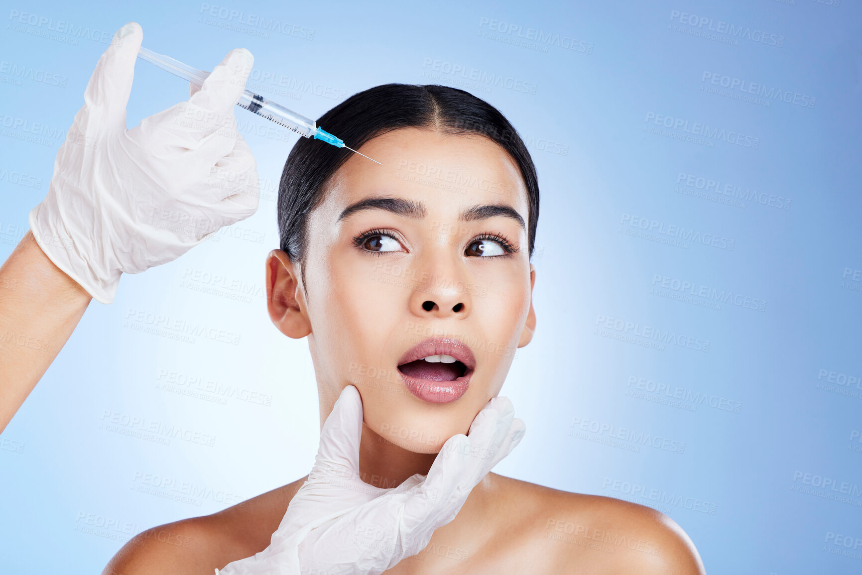 Buy stock photo Plastic surgery, surgeon hands and scared face for beauty, filler and change for woman. Aesthetic model person fear for doctor cosmetic injection, transformation or dermatology gradient background 