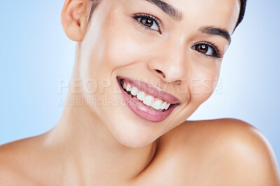 Buy stock photo Skincare, beauty and portrait of a woman with microblading and dental cleaning in studio. Happy, cosmetics and facial wellness of a female with veneers and smile from self care and cosmetic treatment