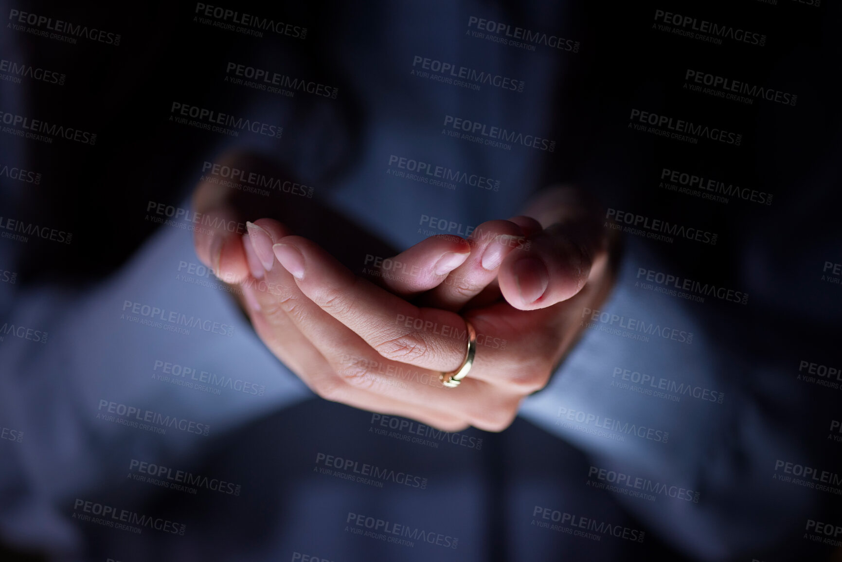 Buy stock photo Dark, showing and hands of a business person for product placement, promotion and marketing. Advertising, show and zoom on the palm of a corporate employee for branding and logo late at night